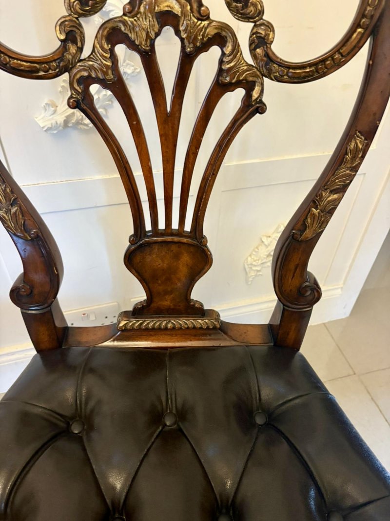 Outstanding Quality Set of 8 Antique Edwardian Carved Walnut and Gilded Dining Chairs - Image 6